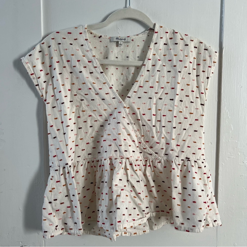 Madewell Cream Embroidered Peplum Top